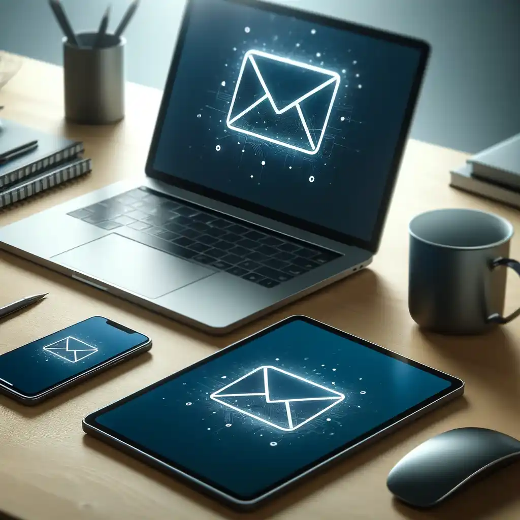 DALL·E 2024-05-04 09.45.15 - A modern workspace featuring a smartphone, a tablet, and a laptop neatly arranged on a desk surface. Each device displays an icon of an open email env (1)